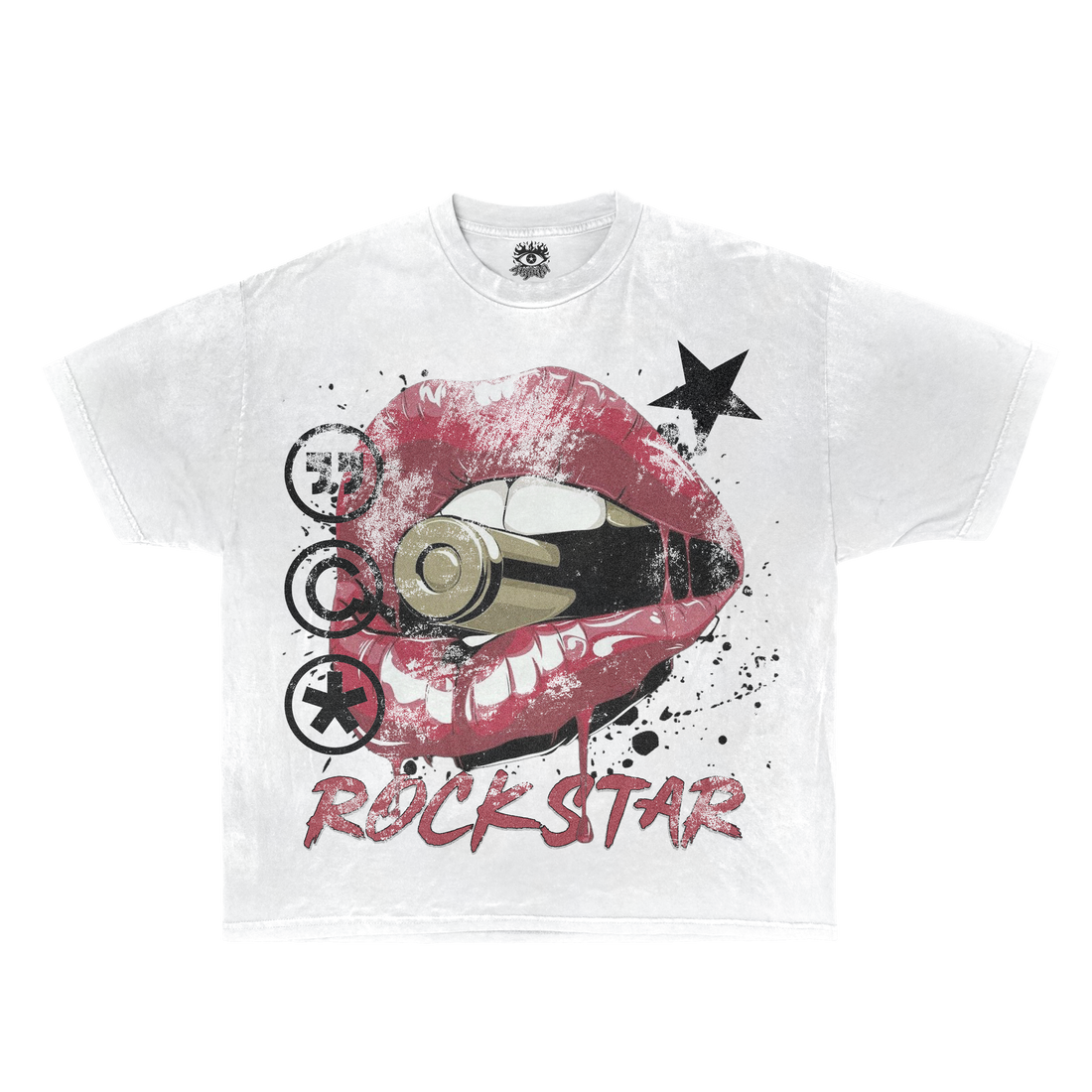 White cotton t-shirt with a rockstar graphic print featuring a mouth holding a bullet design