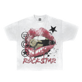 White cotton t-shirt with a rockstar graphic print featuring a mouth holding a bullet design
