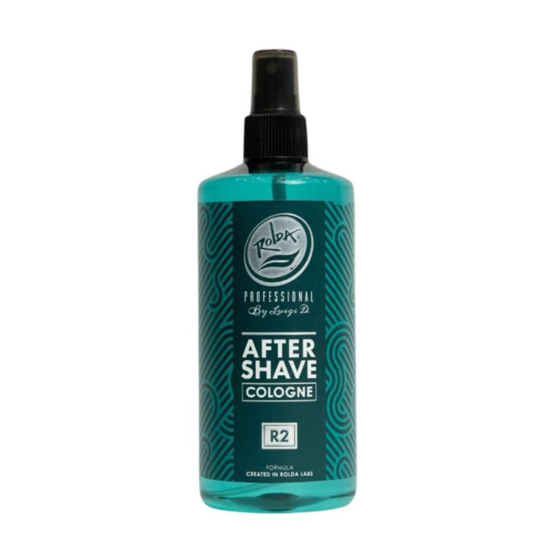 Bottle of Rolda R2 Aftershave Cologne 14oz with teal liquid and minimalist dark labels.