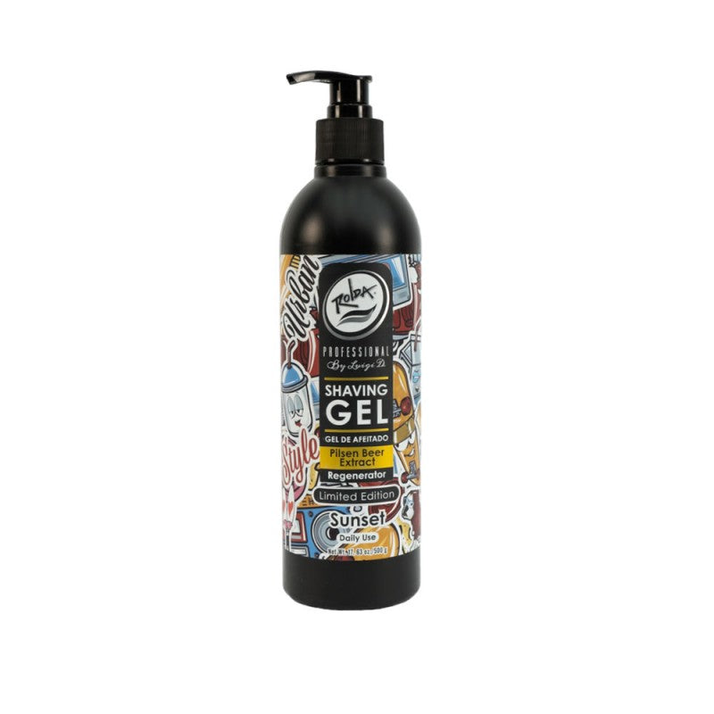 17oz Rolda Sunset Shave Gel pump bottle with black and multi-color graffiti aesthetic packaging.