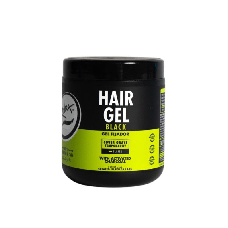 17.6oz container of Rolda Black Hair Styling Gel for grey hair coverage