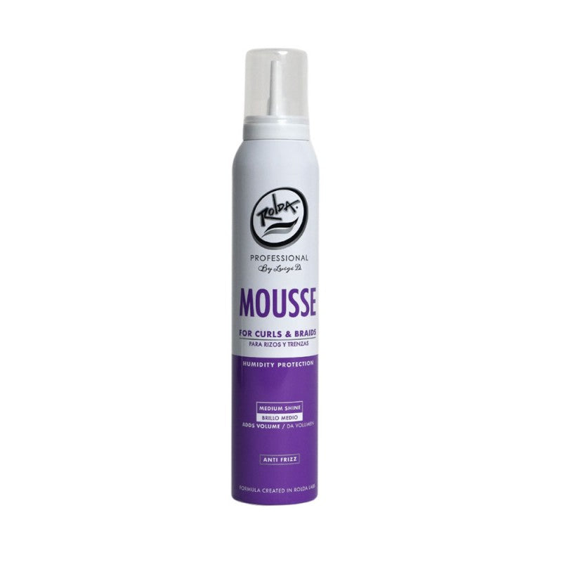 6.7oz bottle of Rolda Hair Mousse for curl definition and anti-frizz styling