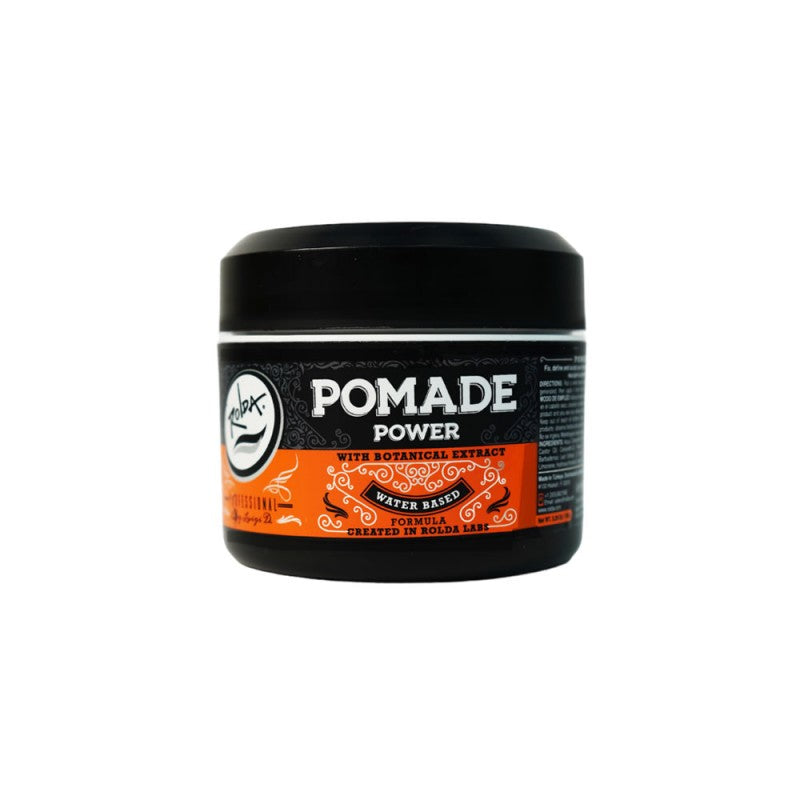 Black and orange container of Rolda Power Pomade 5oz