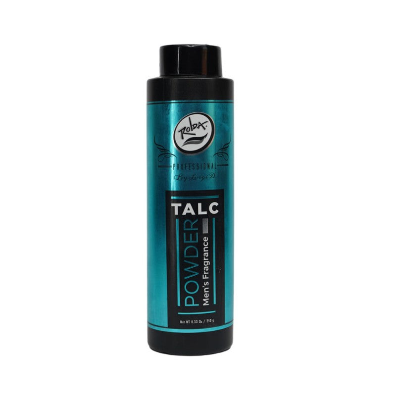 Professional 8.33oz Rolda barber talc powder bottle in teal and black packaging