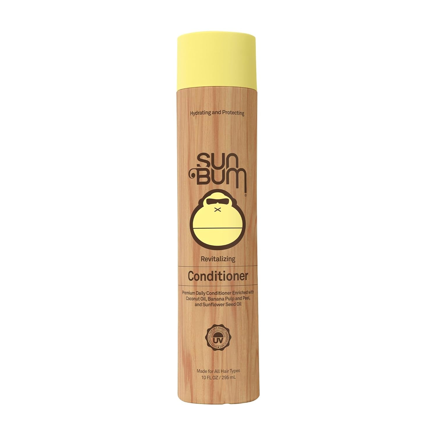 Sun Bum Revitalizing Conditioner bottle in yellow and brown packaging, 10 oz size.