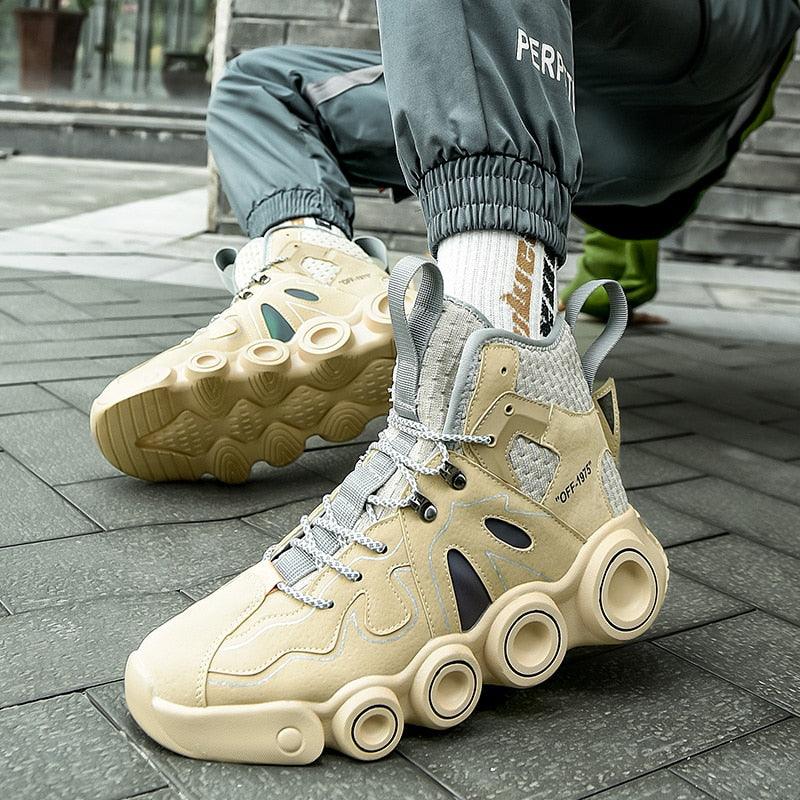 Men's high-top fashion sneakers with abstract multi-color pattern and thick soles.