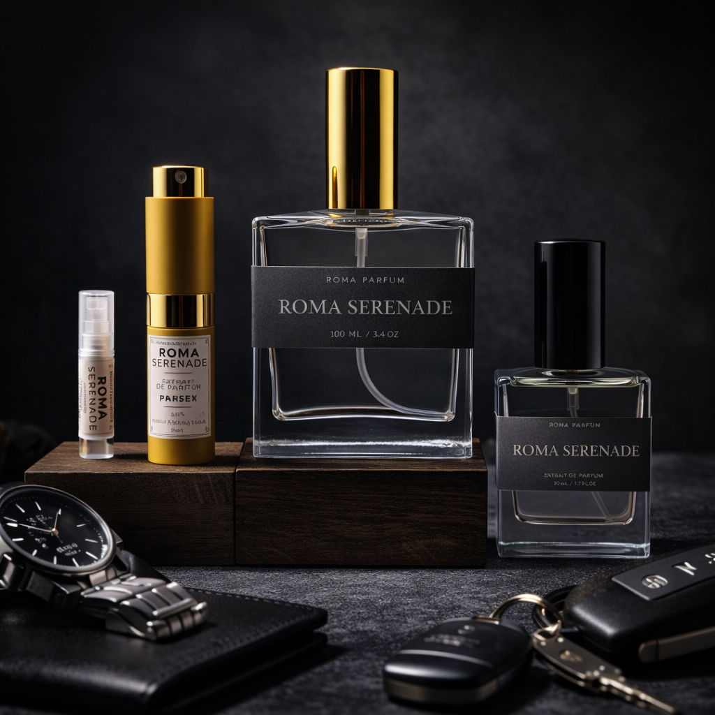 Luxury minimalist bottle of Roma Serenade Extrait de Parfum with gold detailing.