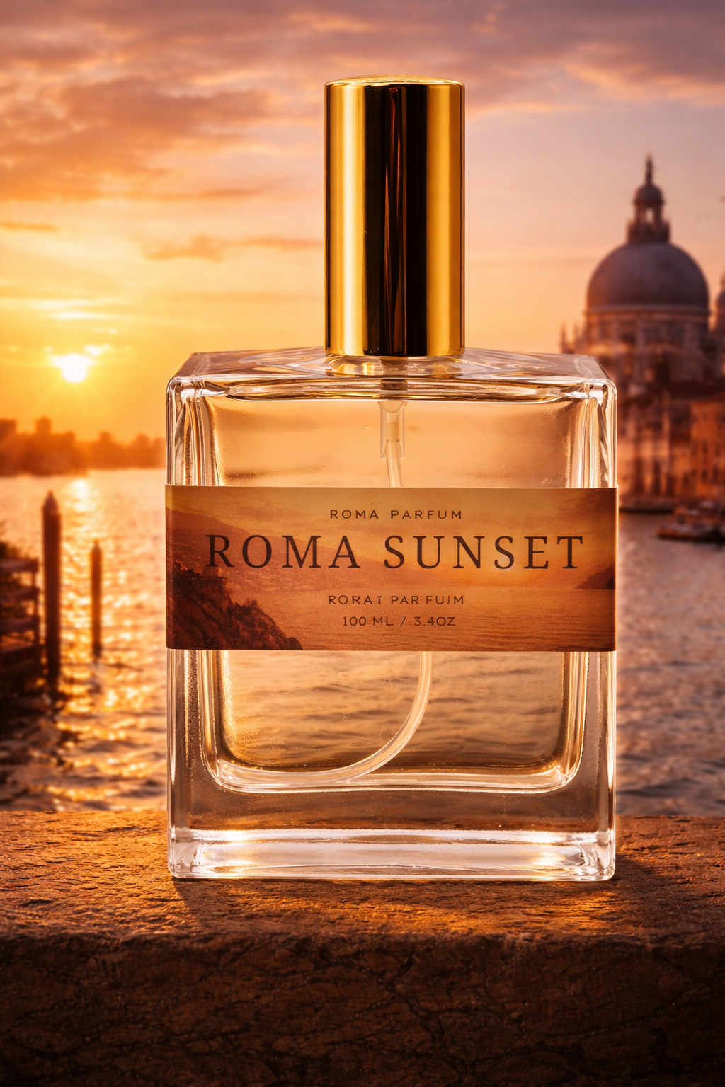 Clear glass perfume bottle with gold accents containing Roma Sunset Extrait de Parfum.