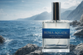 Clear glass bottle of Roma Aquatic Extrait de Parfum with minimalist blue and gold accents.