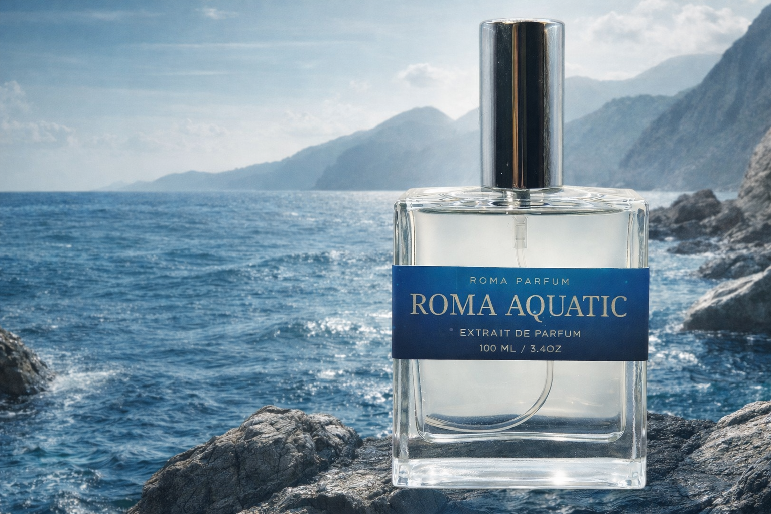 Clear glass bottle of Roma Aquatic Extrait de Parfum with minimalist blue and gold accents.