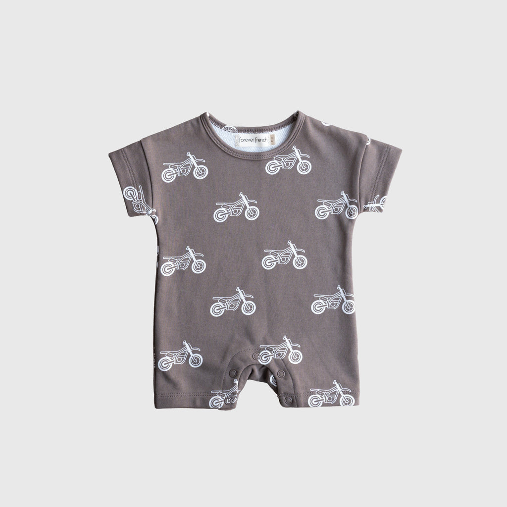 Forever French Baby dirt bike print romper in grey and white for newborns