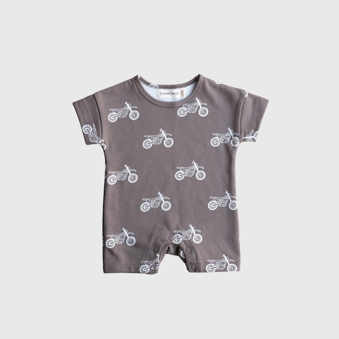 Forever French Baby dirt bike print romper in grey and white for newborns