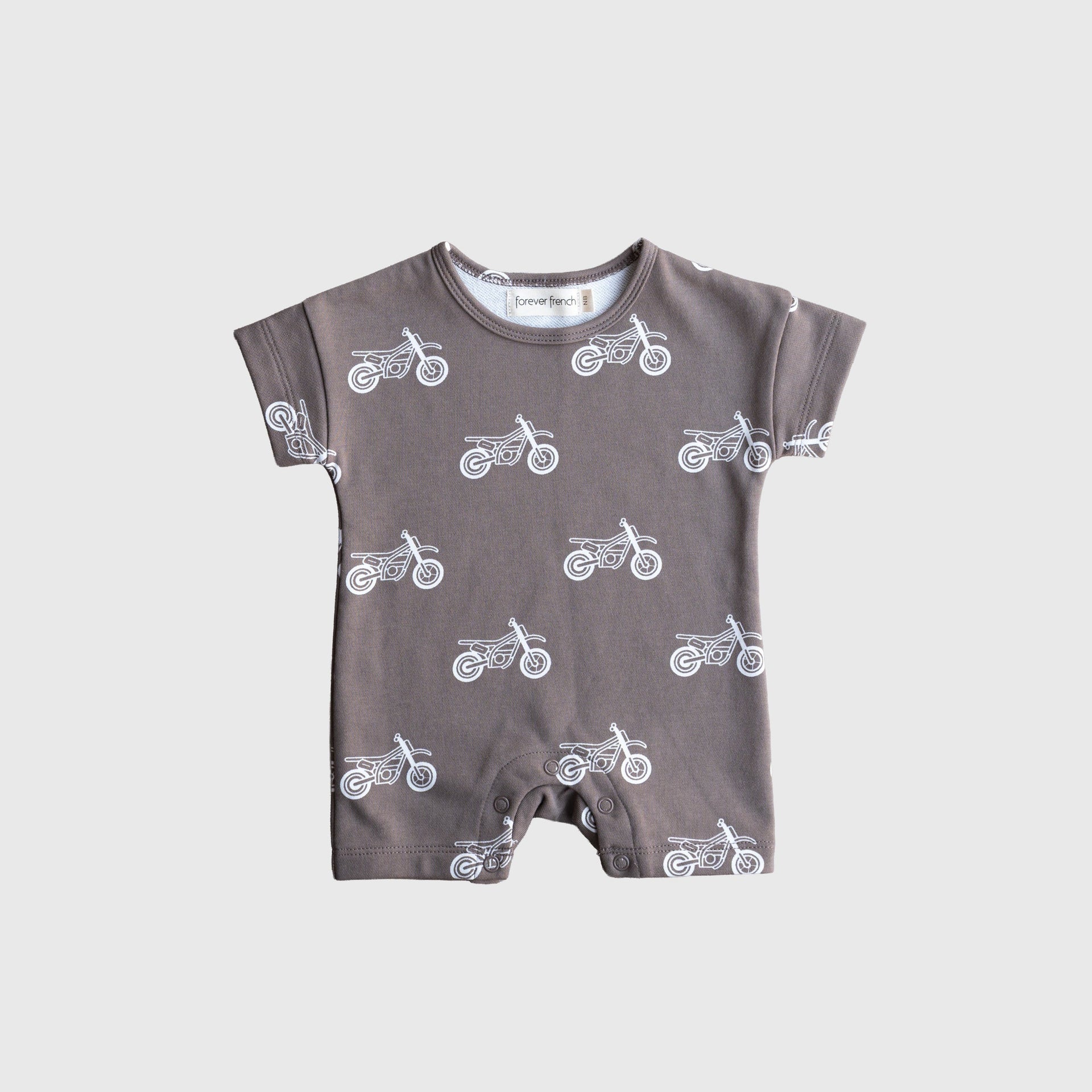 Forever French Baby dirt bike print romper in grey and white for newborns