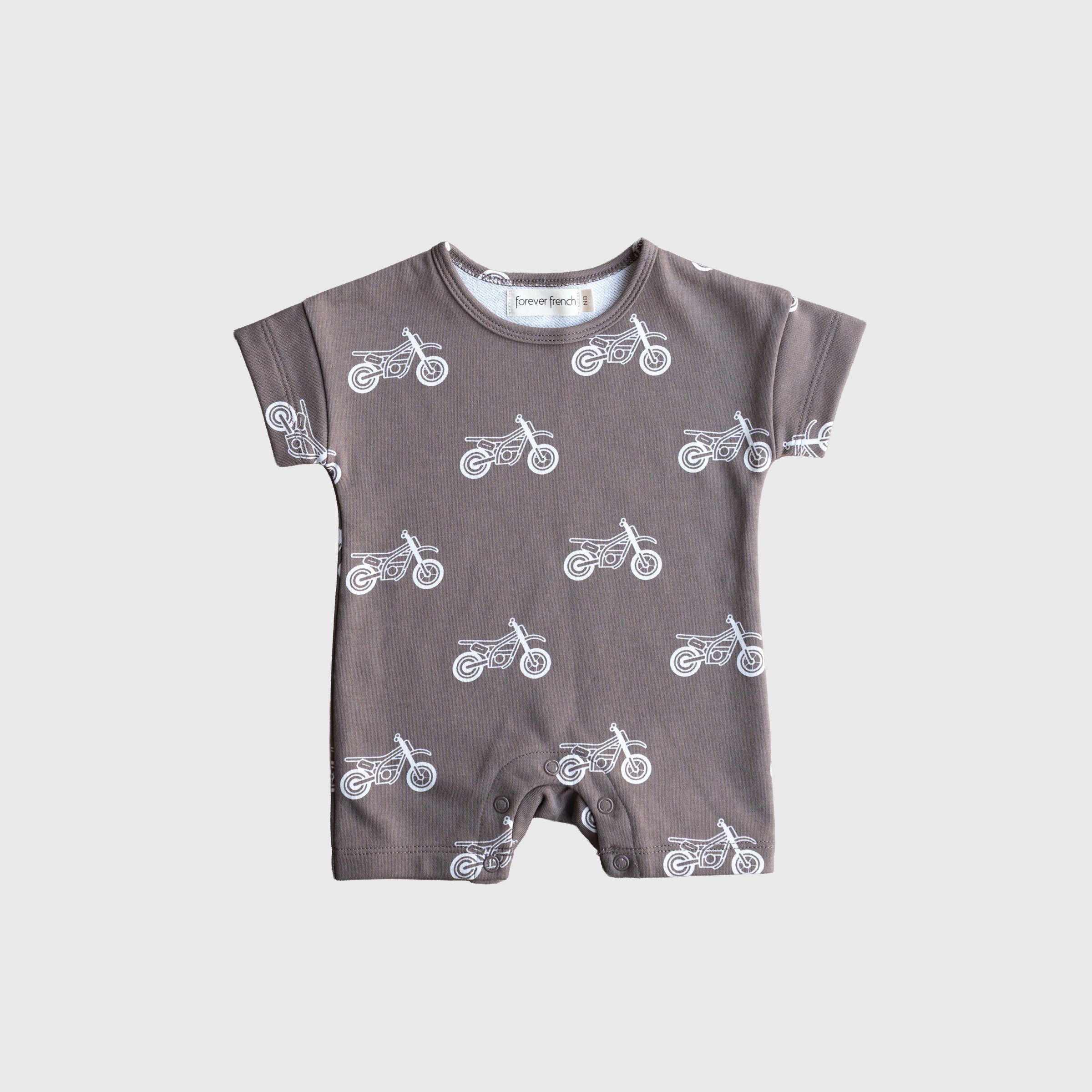Forever French Baby dirt bike print romper in grey and white for newborns