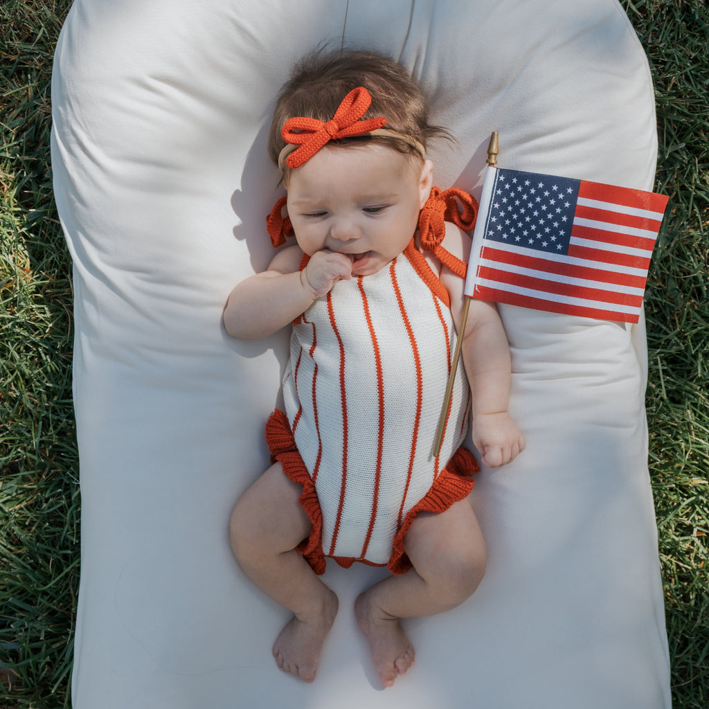Knit Ruffle Romper in Picnic Pinstripe Red and White