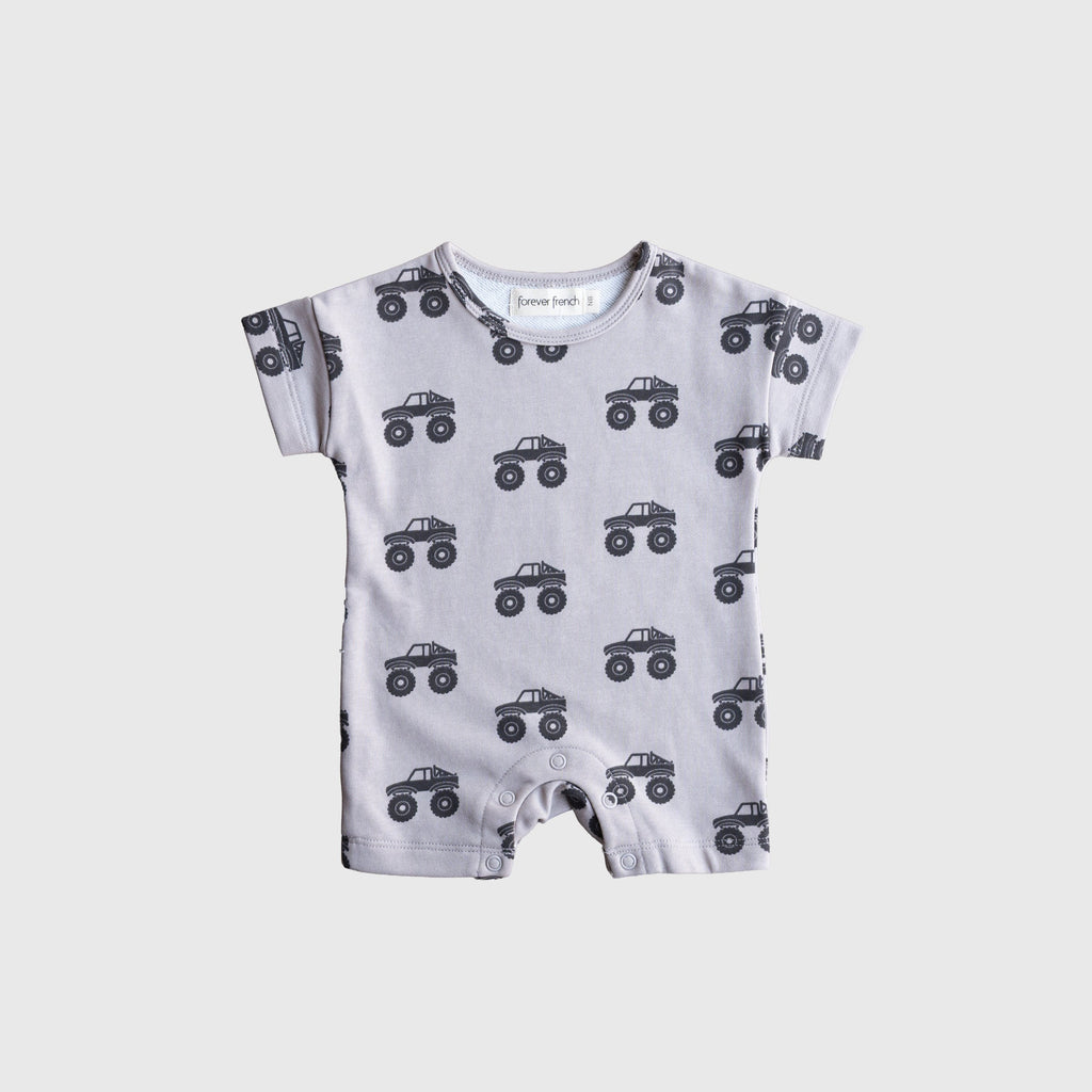 Forever French Baby monster truck print romper in light grey and charcoal