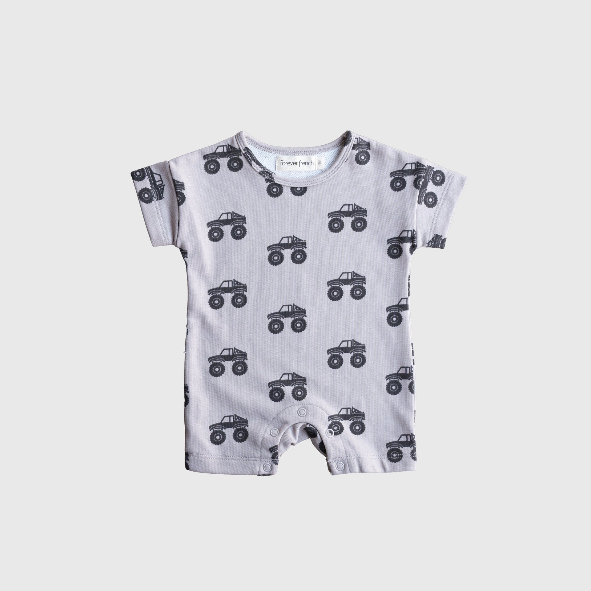 Forever French Baby monster truck print romper in light grey and charcoal