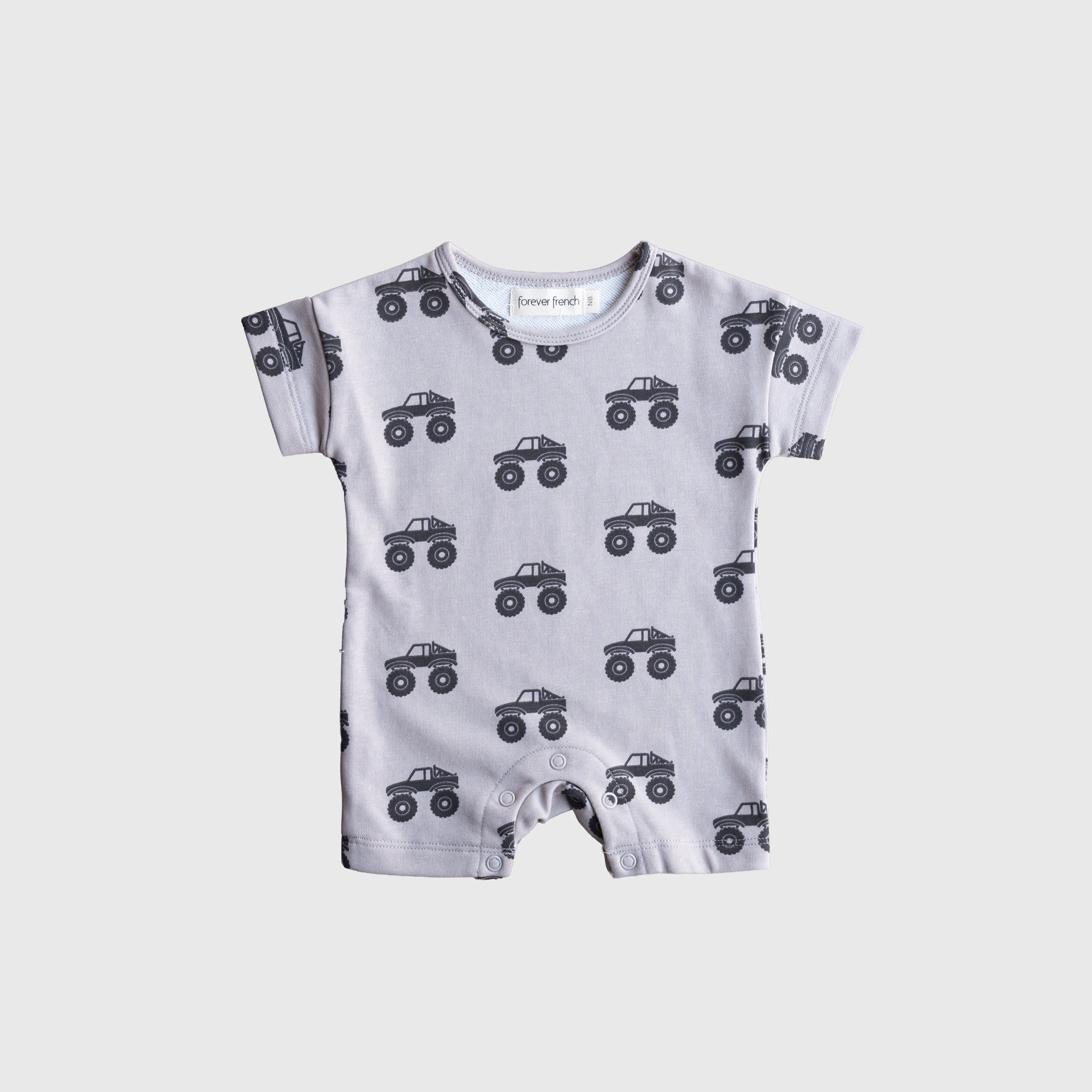 Forever French Baby monster truck print romper in light grey and charcoal