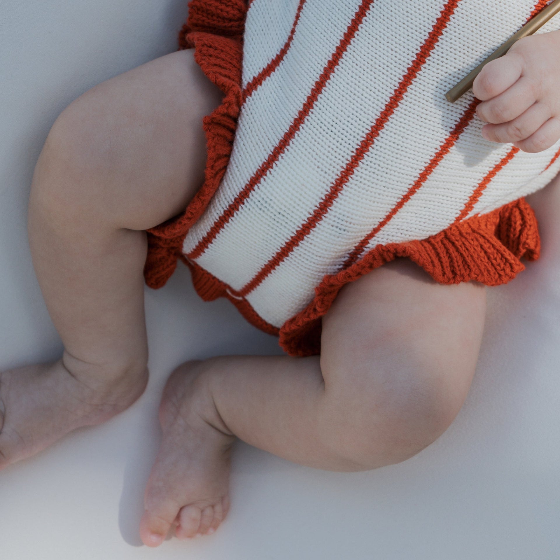 Knit Ruffle Romper in Picnic Pinstripe Red and White