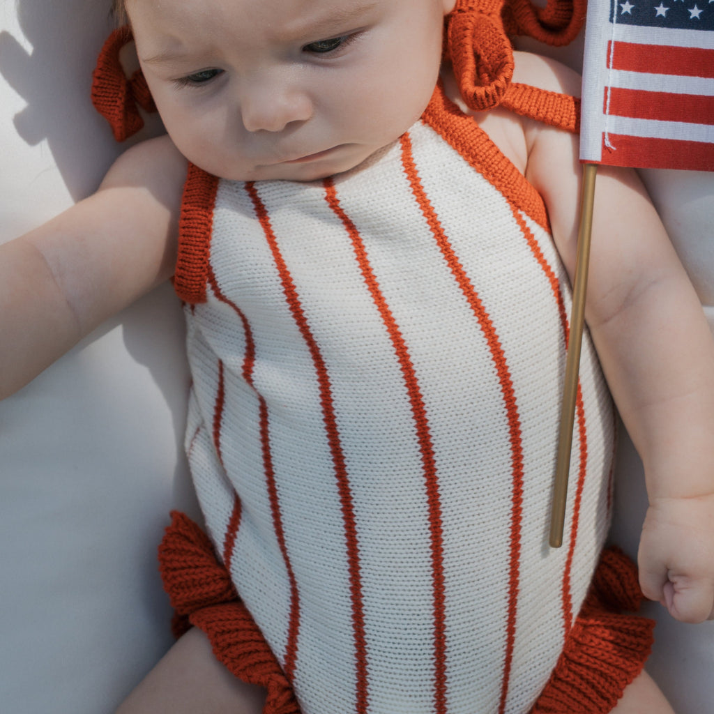Knit Ruffle Romper in Picnic Pinstripe Red and White