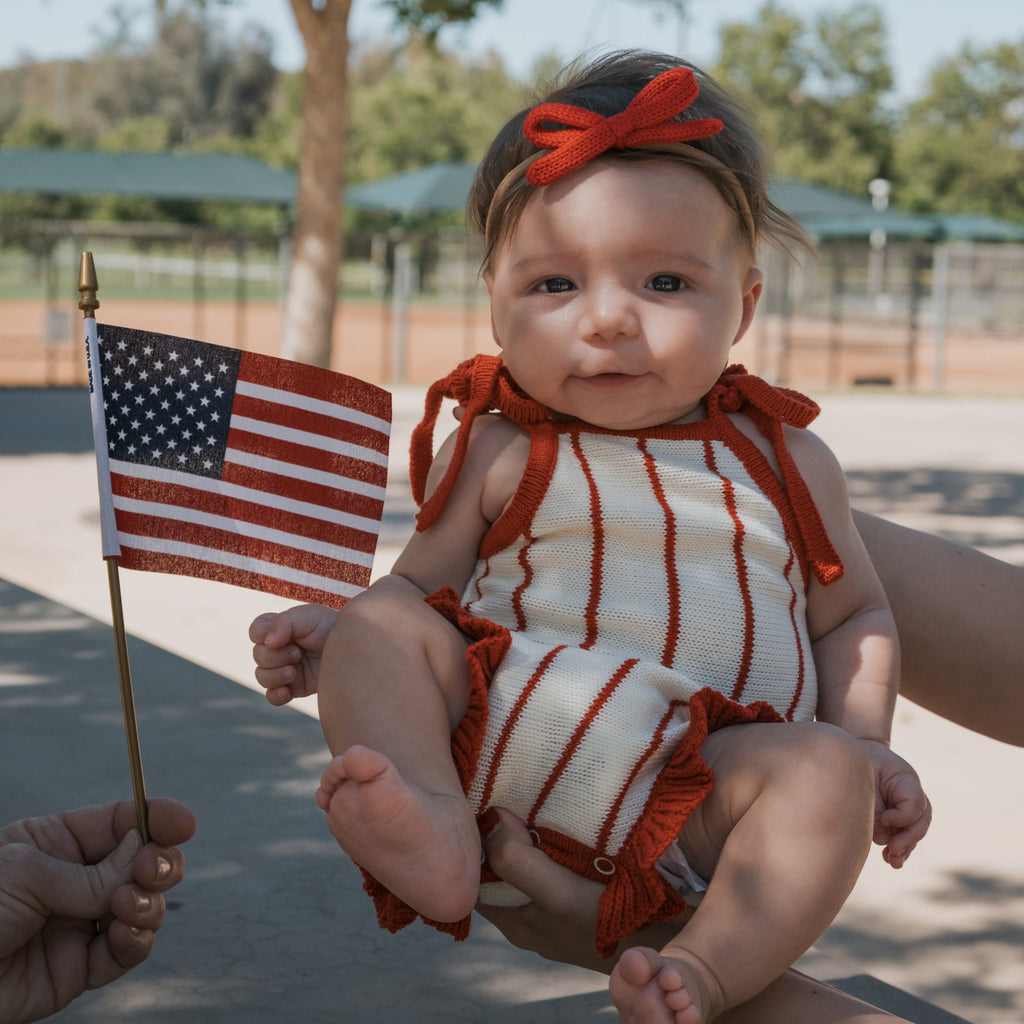 Knit Ruffle Romper in Picnic Pinstripe Red and White
