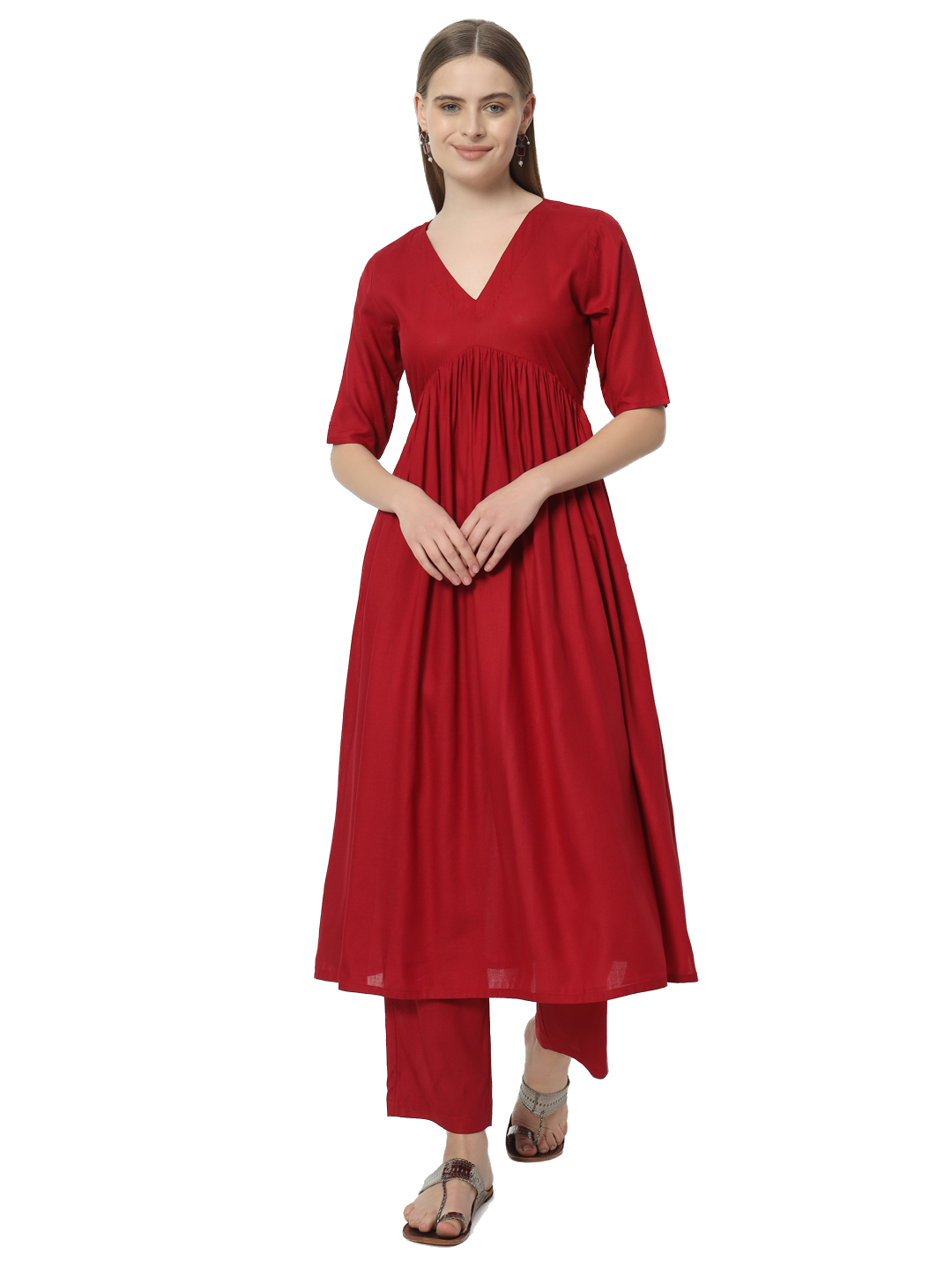Red Pure Cotton Alia Cut V-neck top and matching pant set