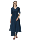Peacock blue pure cotton Alia cut V-neck top paired with matching slim-fit pants
