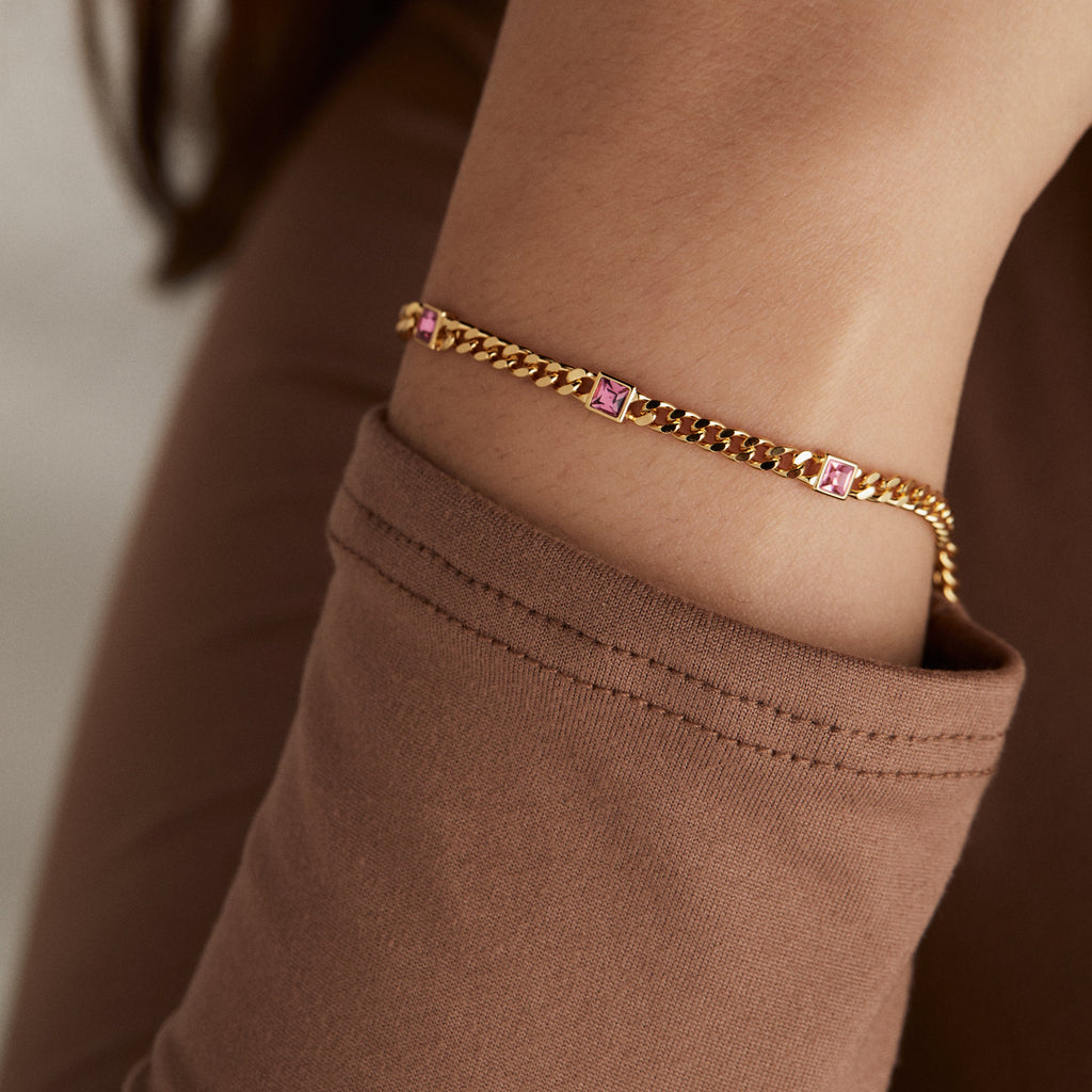 October Birthstone Rose Curb Chain Bracelet with Sparkle Charm