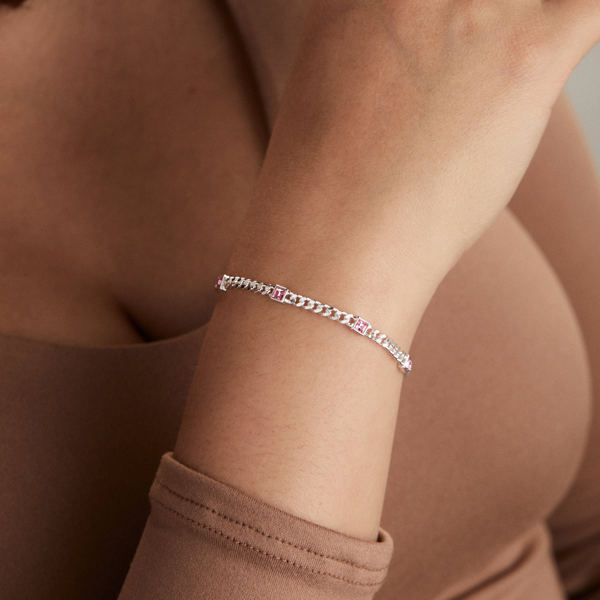 October Birthstone Rose Curb Chain Bracelet with Sparkle Charm