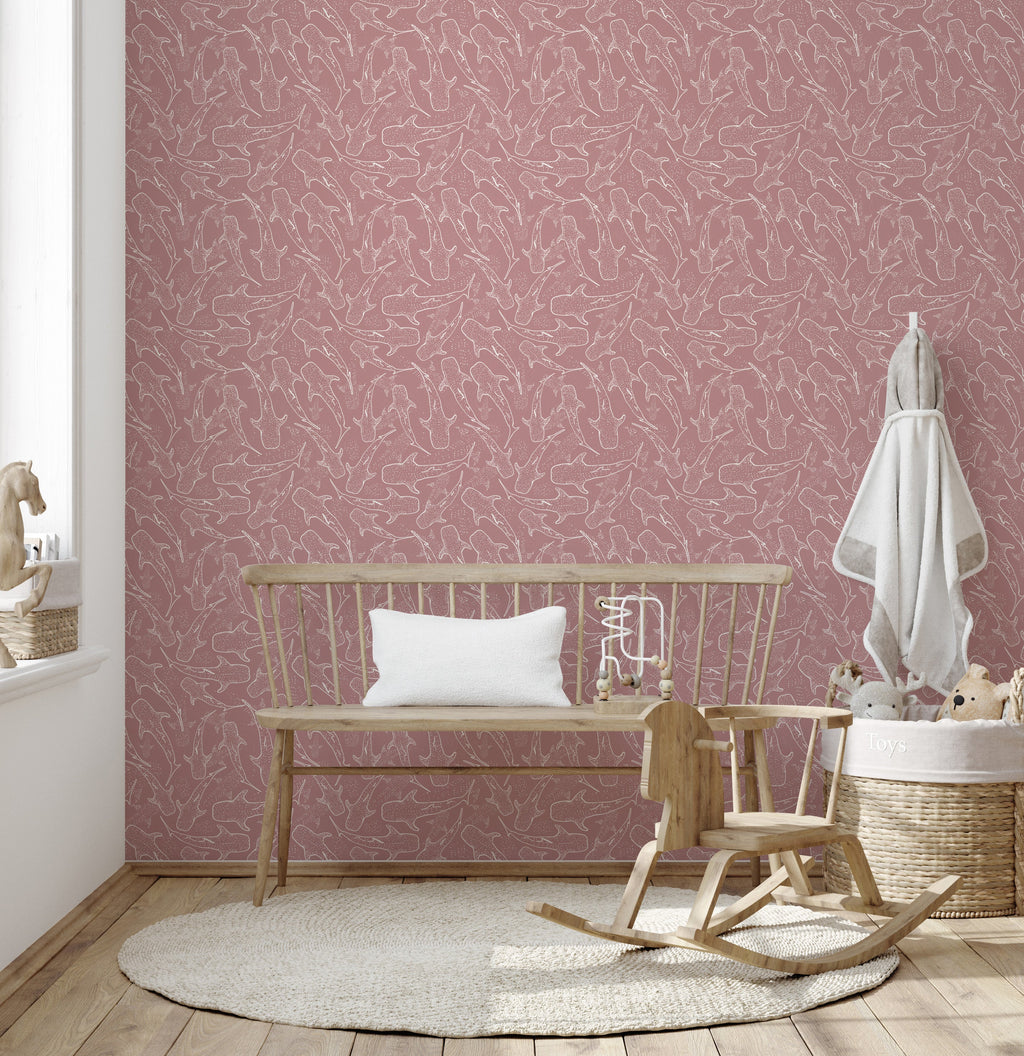 Blue Pink and White Whimsical Animal Print Wallpaper