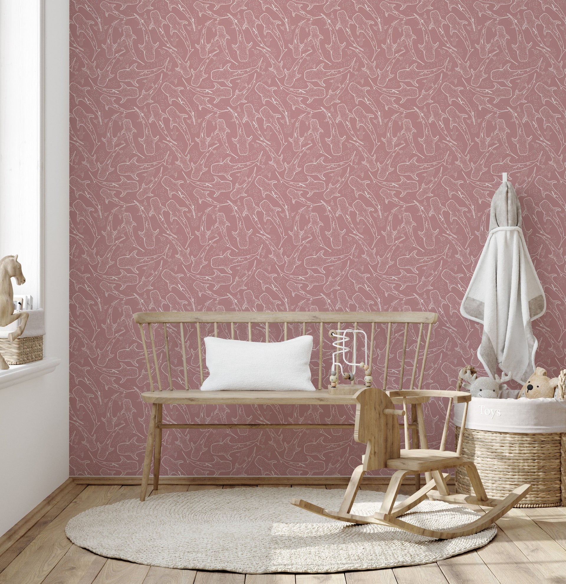 Blue Pink and White Whimsical Animal Print Wallpaper