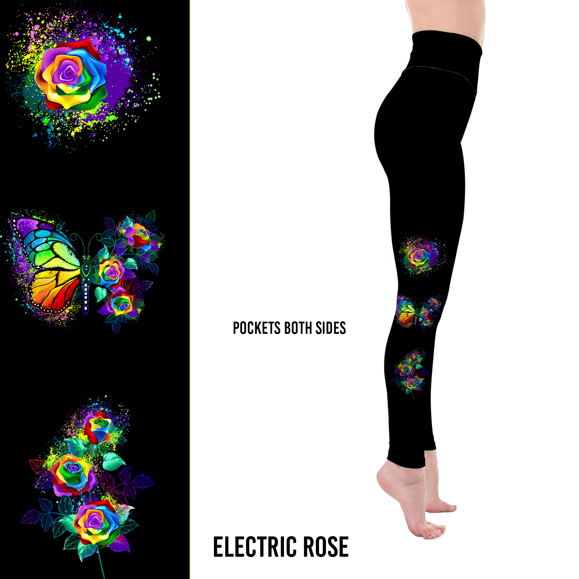 Rainbow Rose Butterfly Leggings - Artistic Floral Print