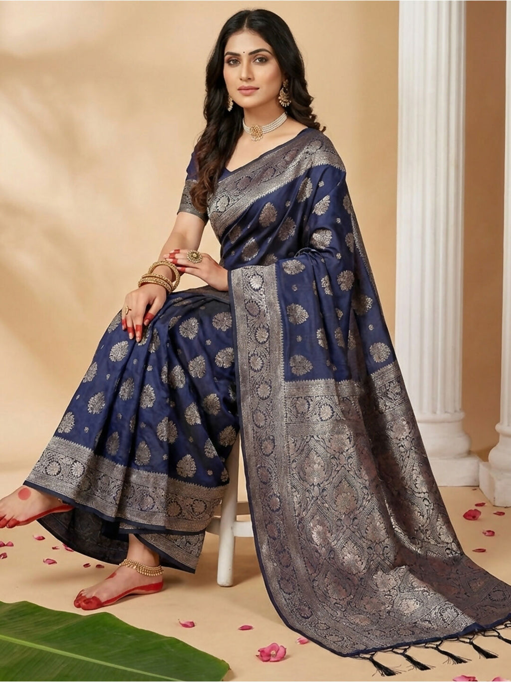 Navy Blue Silk Blend Saree with Matching Blouse Piece