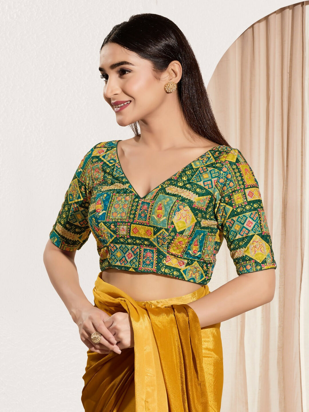 Bottle Green Viscose Rayon Padded V-Neck Elbow Sleeve Blouse