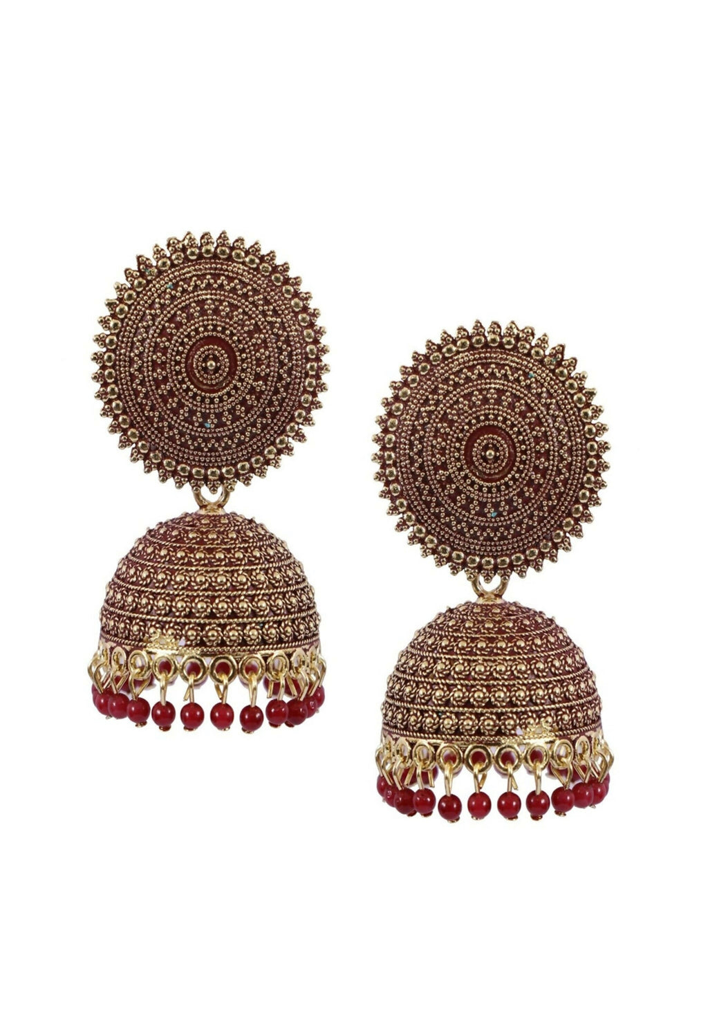 Maroon gold-polished Meenakari jhumka earrings with pearl accents