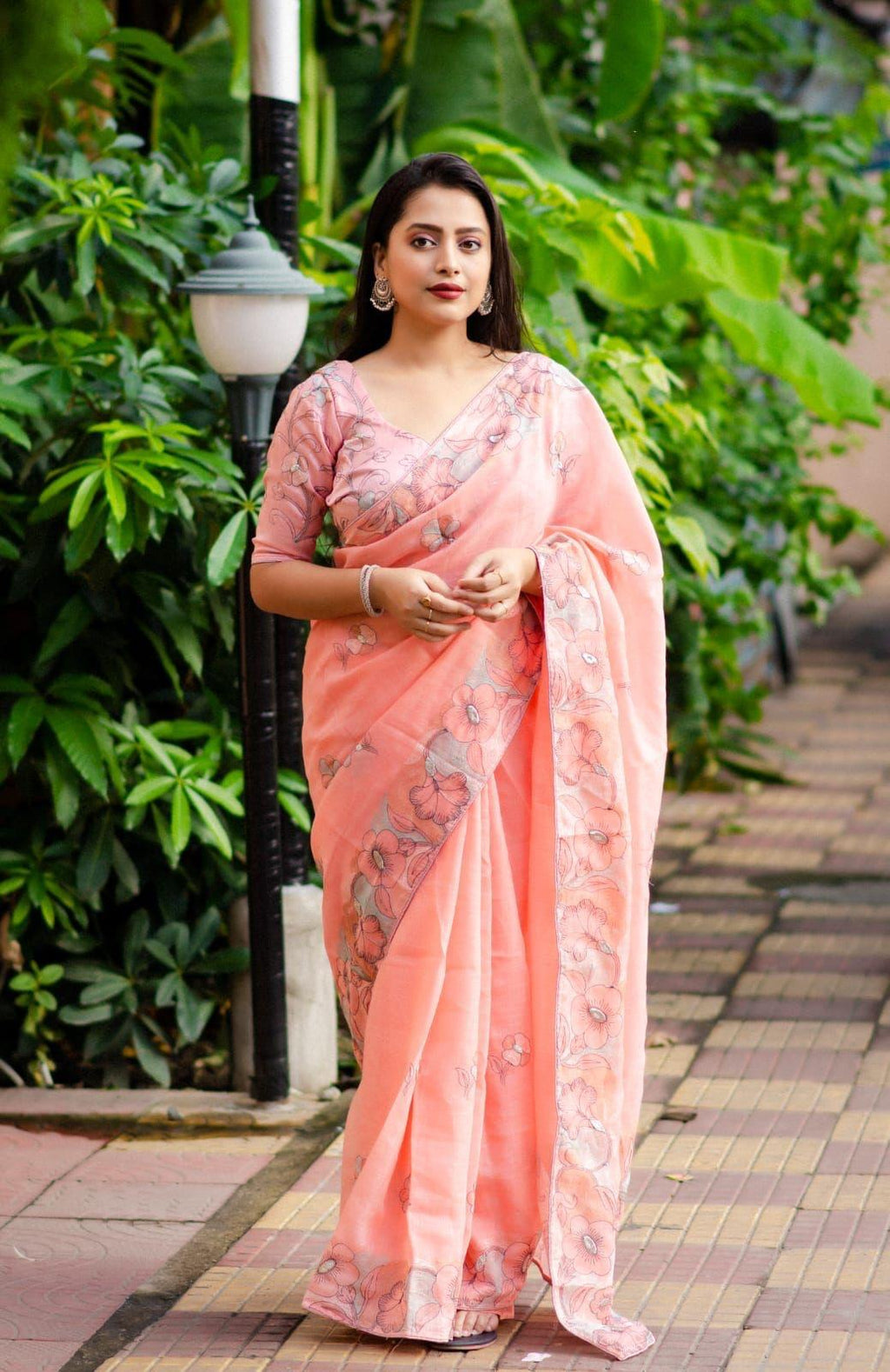 Pink Pure Linen saree with ethnic pencil stitch embroidery and phantom silk blouse