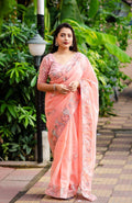 Pink Pure Linen saree with ethnic pencil stitch embroidery and phantom silk blouse