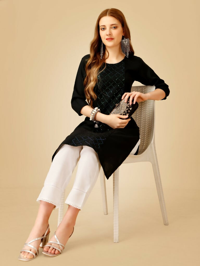 Women's Black Embroidered Cotton Blend Kurta Pant Set with Sequins