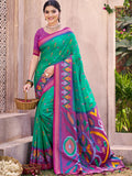 Rama Green Pochampally Silk Saree with matching blouse piece featuring traditional weave.