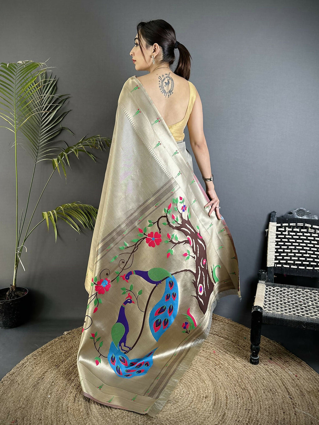 Beige Tissue Paithani Saree with Peacock and Floral Motifs