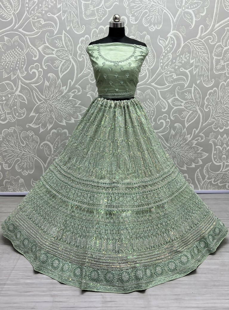 Pista Green Heavy Net Wedding Lehenga Choli with Rainbow Sequins