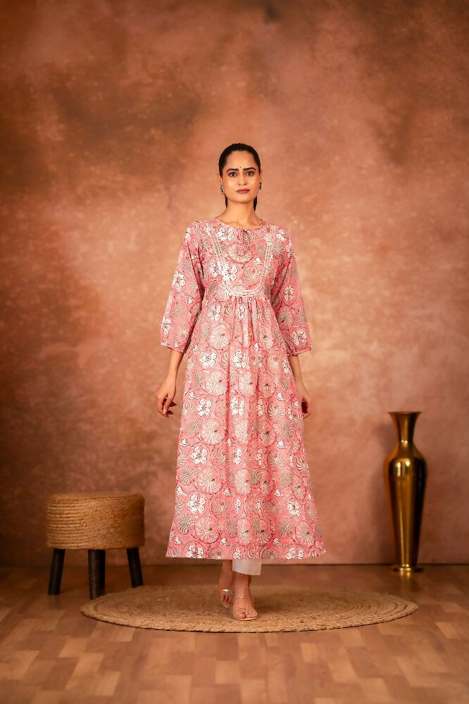Pink floral hand block printed cotton kurta set with matching pants