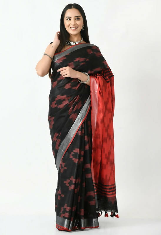 Black and Red Bhagalpuri Ikat Pure Cotton Saree with unstitched blouse piece.
