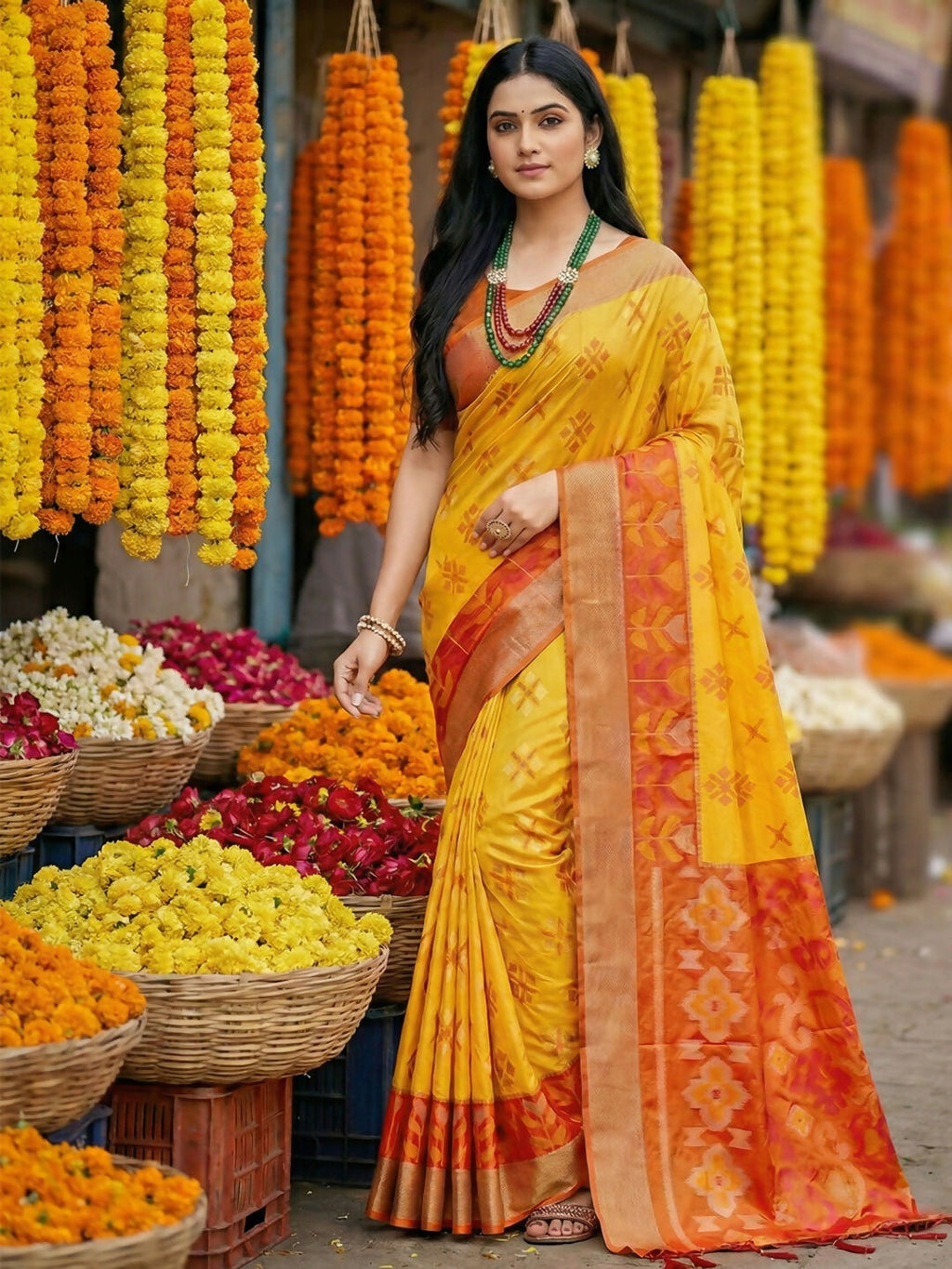 Yellow Pochampally silk saree with traditional weave patterns and matching blouse.