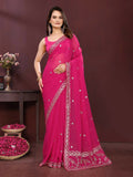 Pink soft georgette saree featuring intricate embroidery and matching blouse piece