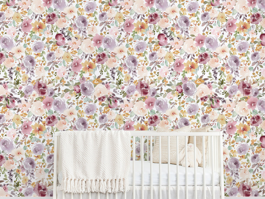 Rue Floral Removable Wallpaper in Lavender, Blush, and Mustard