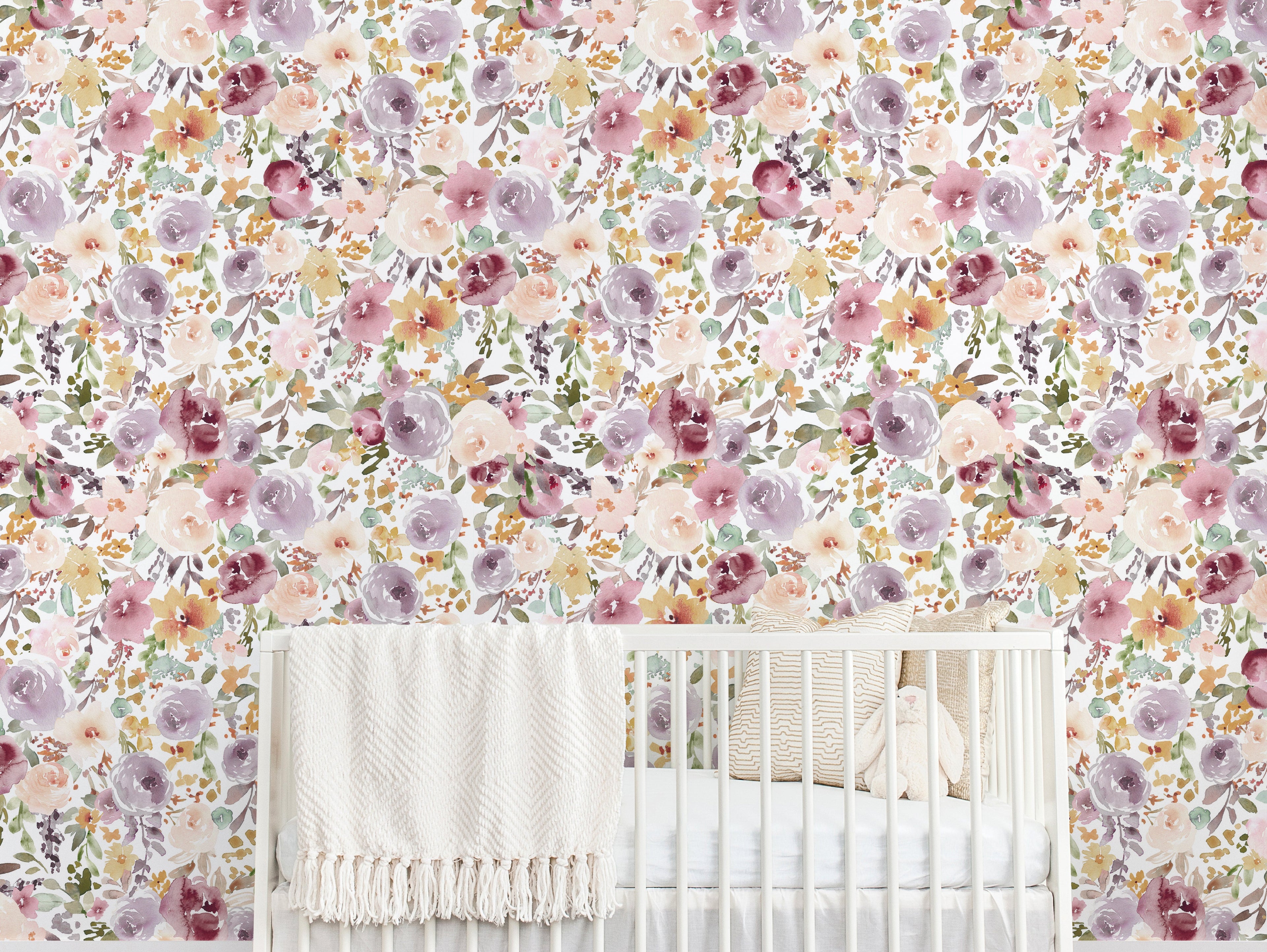 Rue Floral Removable Wallpaper in Lavender, Blush, and Mustard