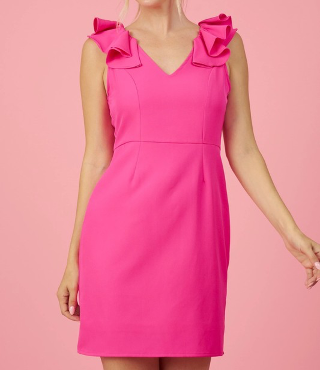 A vibrant fuchsia pink sleeveless mini dress with a V-neckline and ruffle detailing, shift silhouette, front view.
