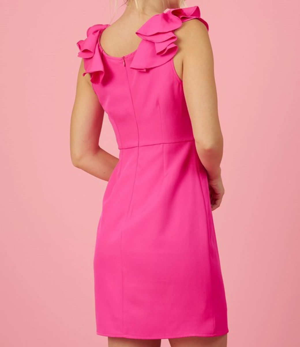 Ruffle V-Neck Mini Dress in Vibrant Fuchsia Pink - Party Style