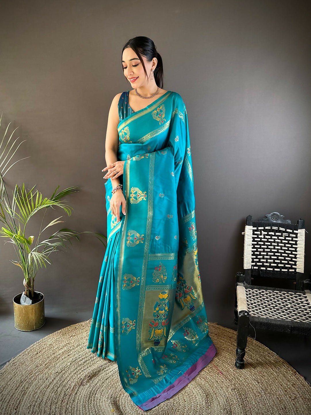 Joban Fashion Teal Meenakari Weaving Paithani Sarees